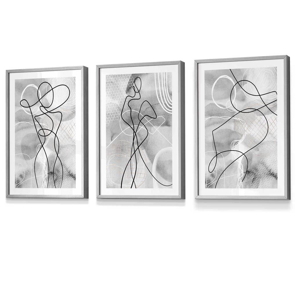 Abstraktes Set aus 3 gerahmten Kunstdrucken mit Motiven aus der Modewelt in Schwarz und Grau