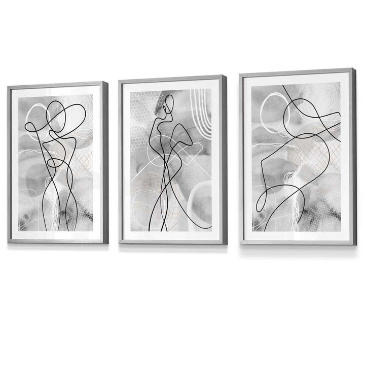 Abstraktes Set aus 3 gerahmten Kunstdrucken mit Motiven aus der Modewelt in Schwarz und Grau
