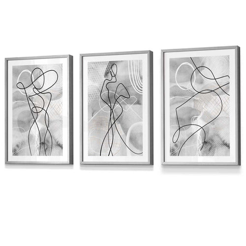 Abstraktes Set aus 3 gerahmten Kunstdrucken mit Motiven aus der Modewelt in Schwarz und Grau