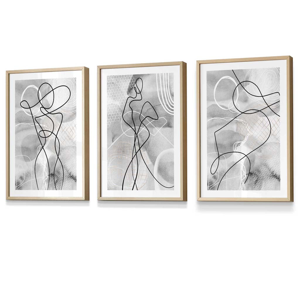 Abstraktes Set aus 3 gerahmten Kunstdrucken mit Motiven aus der Modewelt in Schwarz und Grau