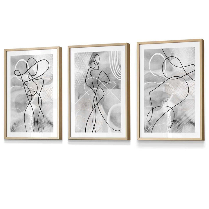 Abstraktes Set aus 3 gerahmten Kunstdrucken mit Motiven aus der Modewelt in Schwarz und Grau