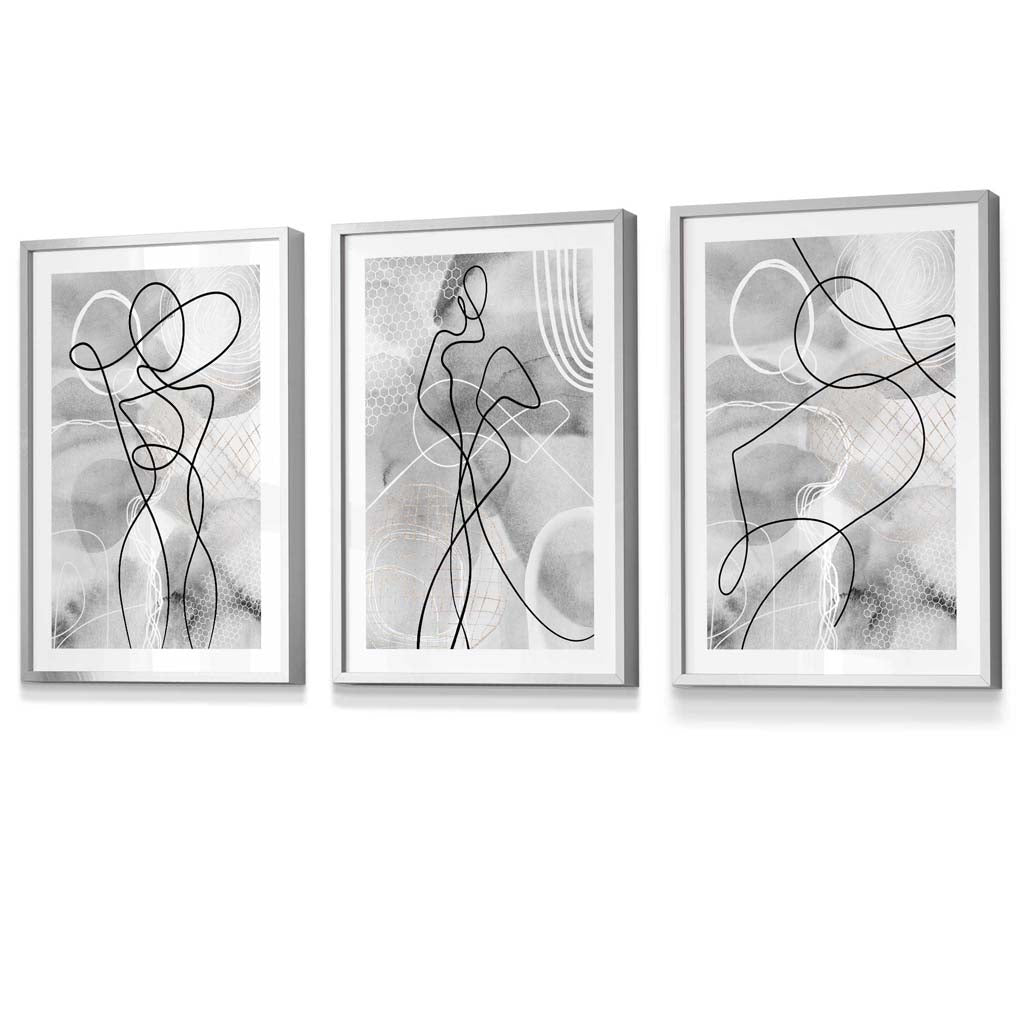 Abstraktes Set aus 3 gerahmten Kunstdrucken mit Motiven aus der Modewelt in Schwarz und Grau