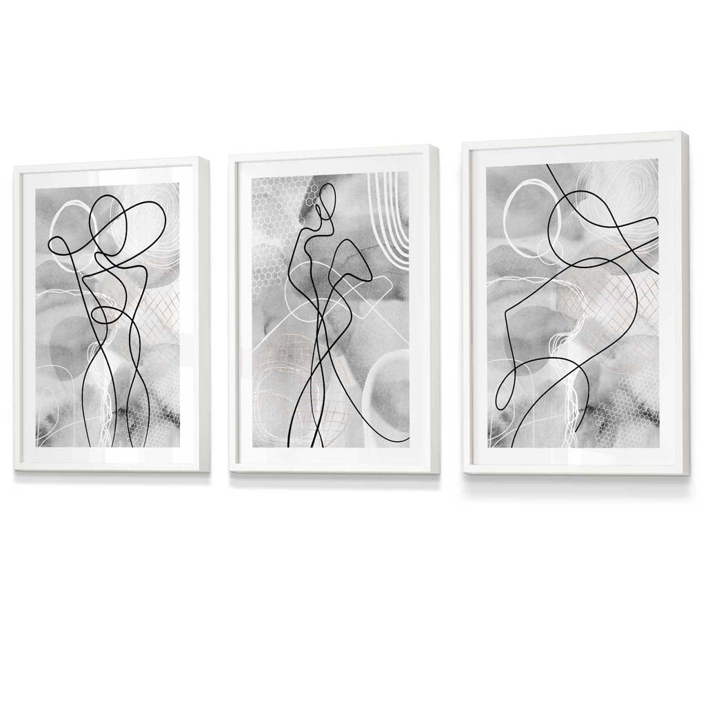 Abstraktes Set aus 3 gerahmten Kunstdrucken mit Motiven aus der Modewelt in Schwarz und Grau