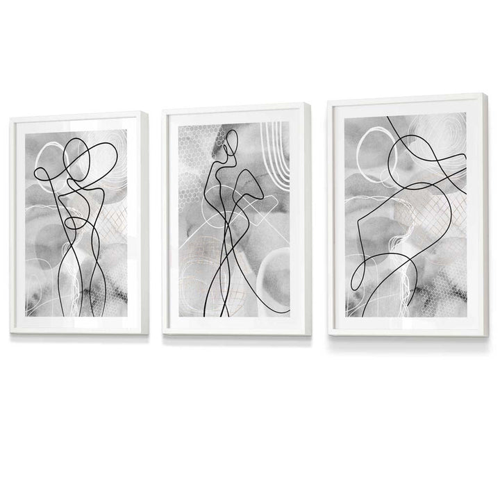 Abstraktes Set aus 3 gerahmten Kunstdrucken mit Motiven aus der Modewelt in Schwarz und Grau