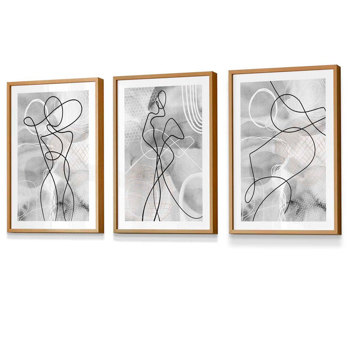 Abstraktes Set aus 3 gerahmten Kunstdrucken mit Motiven aus der Modewelt in Schwarz und Grau
