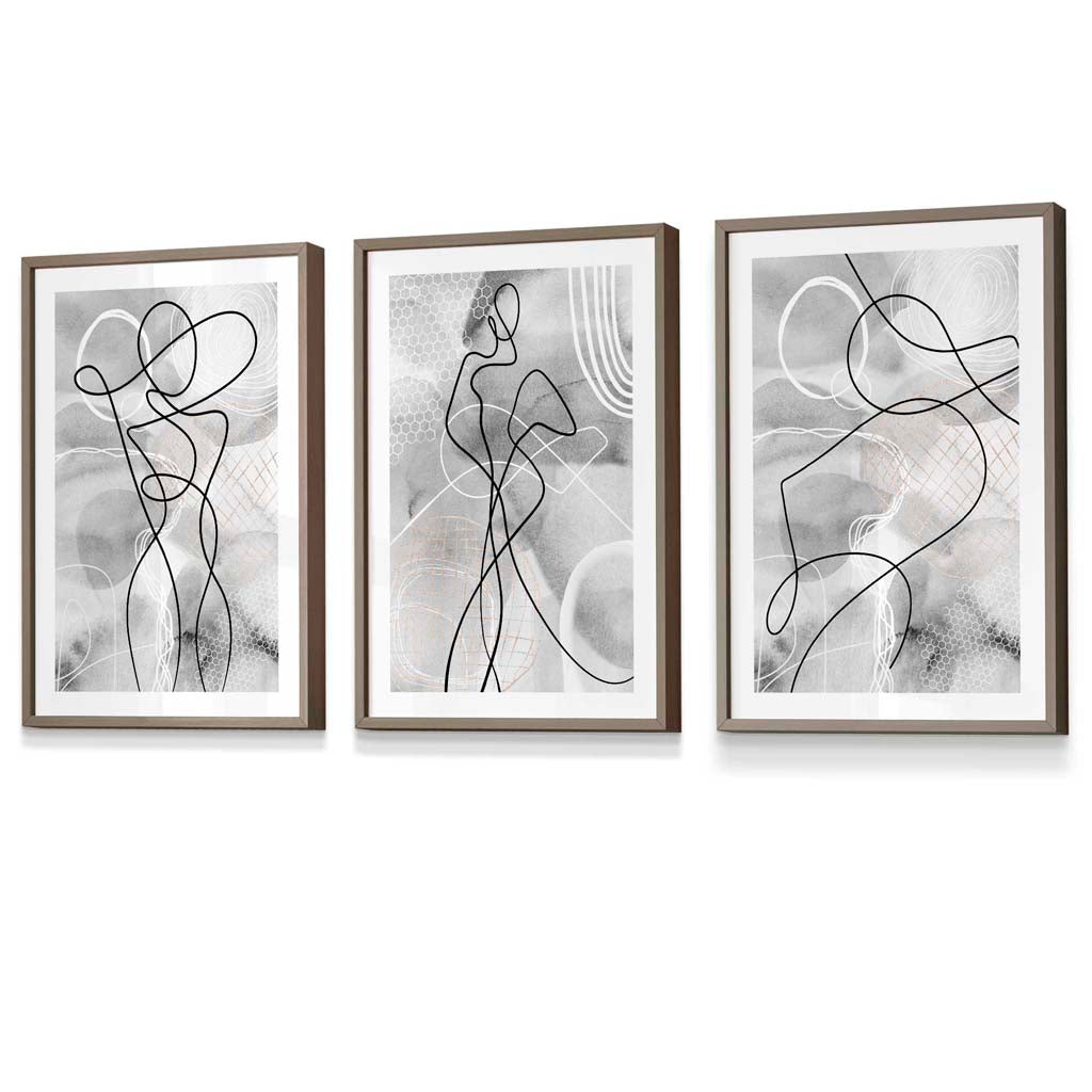 Abstraktes Set aus 3 gerahmten Kunstdrucken mit Motiven aus der Modewelt in Schwarz und Grau