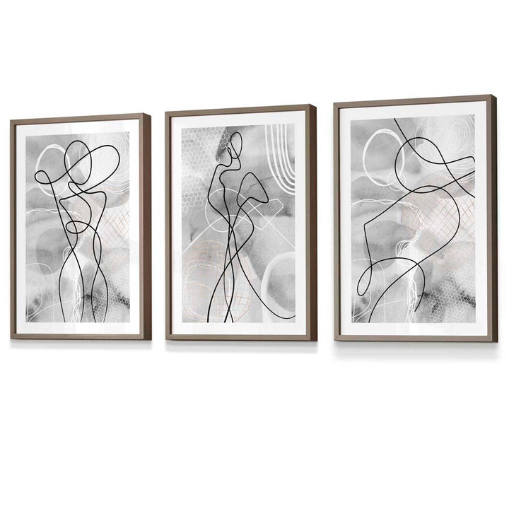 Abstraktes Set aus 3 gerahmten Kunstdrucken mit Motiven aus der Modewelt in Schwarz und Grau
