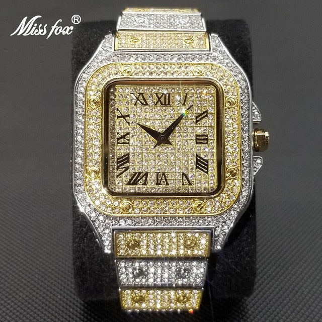 Karnz | MISSFOX Ice Out Square Herrenuhr | 18K Gold Nano-Vakuum-Beschichtung | Schweizer Quarz-Uhrwerk | Vollbesetzt mit Lab-Diamanten | Edelstahl-Gehäuse | Wasserdicht 3 ATM