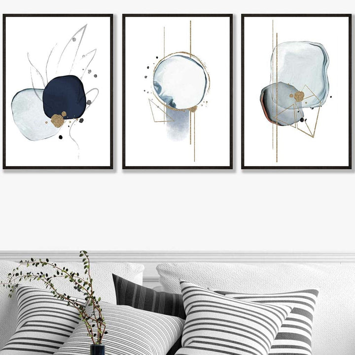 Abstrakte Winterstimmung – Marineblau-Goldene Kunstdrucke, 3er-Set
