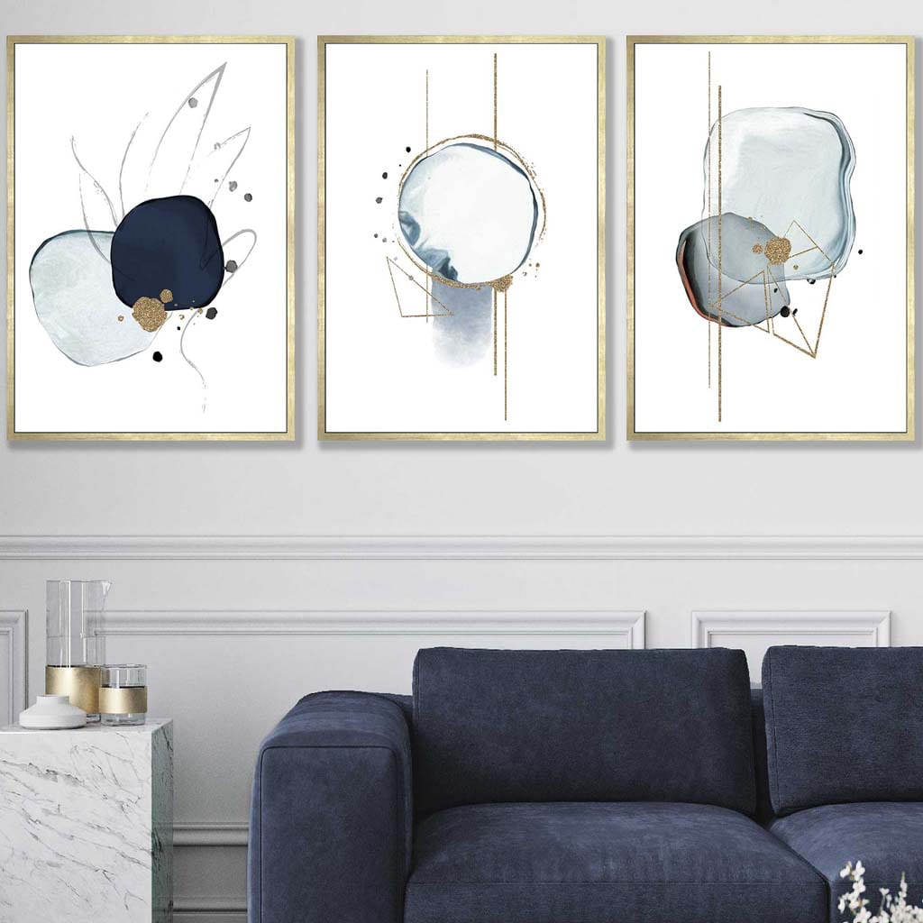 Abstrakte Winterstimmung – Marineblau-Goldene Kunstdrucke, 3er-Set
