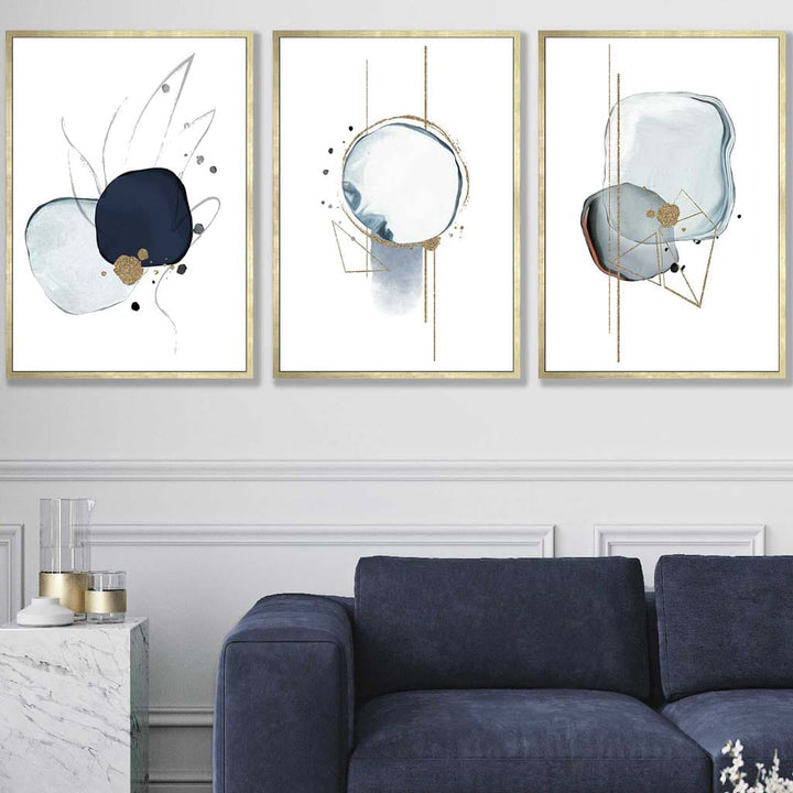 Abstrakte Winterstimmung – Marineblau-Goldene Kunstdrucke, 3er-Set