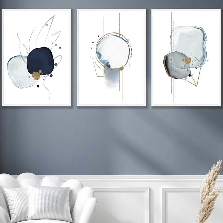 Abstrakte Winterstimmung – Marineblau-Goldene Kunstdrucke, 3er-Set