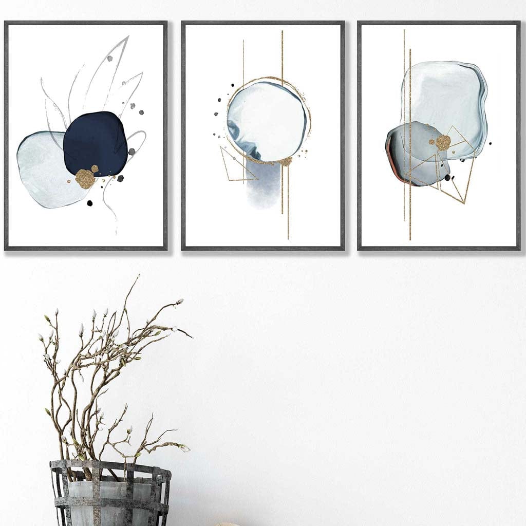 Abstrakte Winterstimmung – Marineblau-Goldene Kunstdrucke, 3er-Set