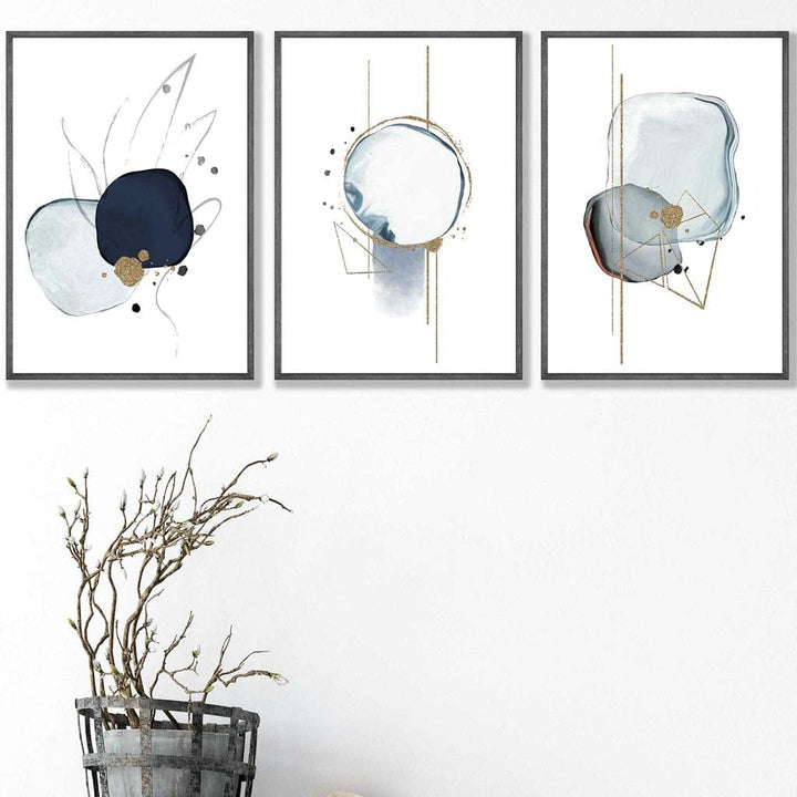 Abstrakte Winterstimmung – Marineblau-Goldene Kunstdrucke, 3er-Set