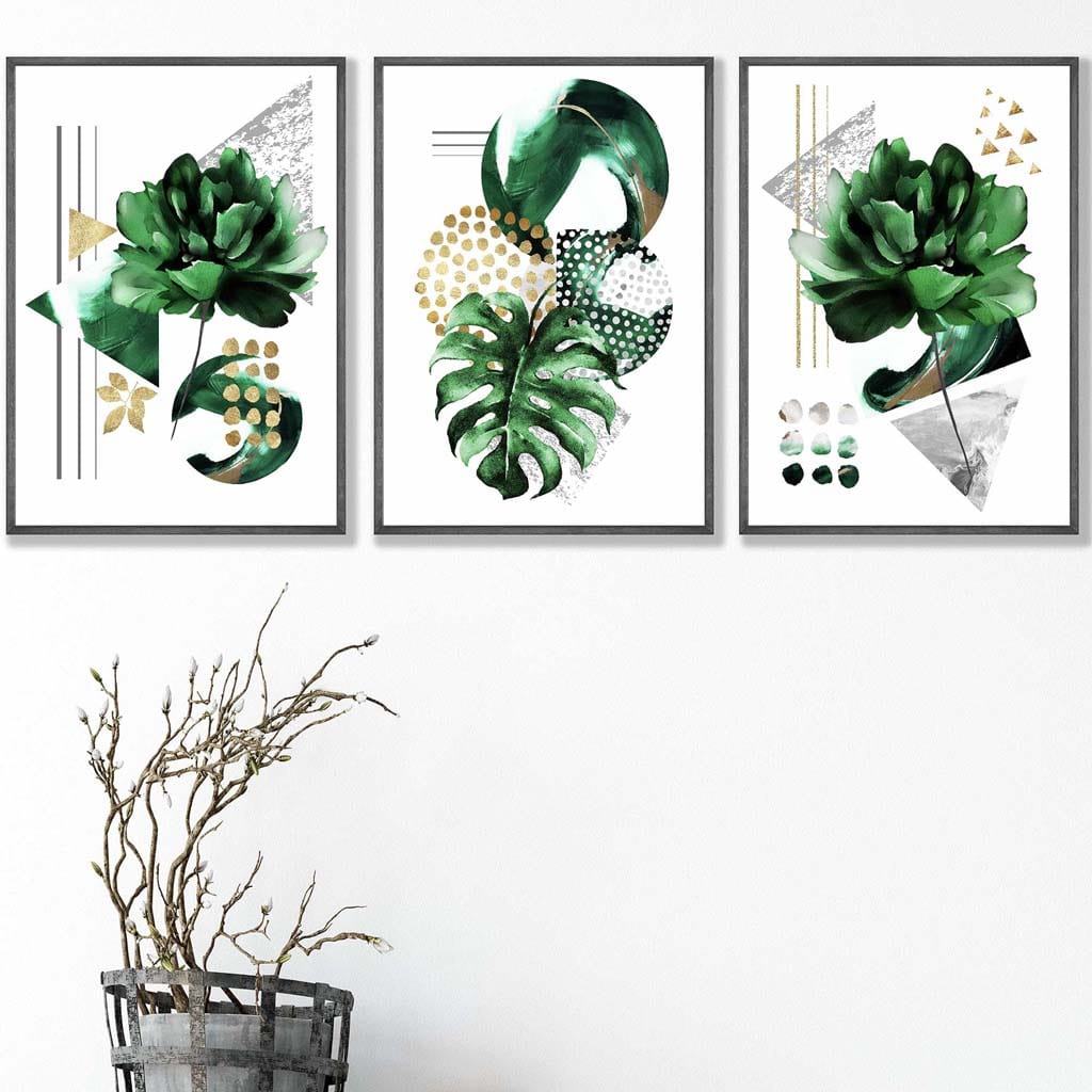 Abstraktes grün-goldenes Blumen-Set aus 3 Kunstdrucken
