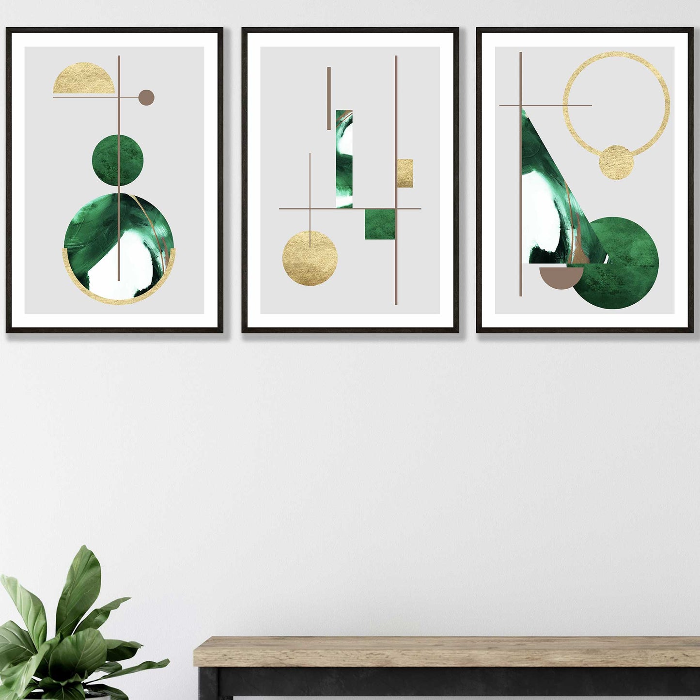 Art-Deco-Set aus 3 strukturierten, geometrischen Wandbildern in Grün und Gold