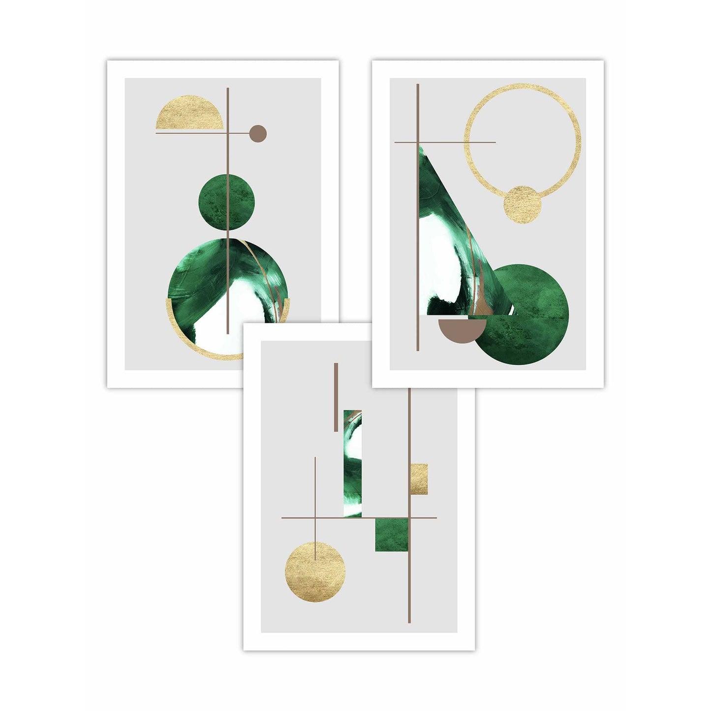 Art-Deco-Set aus 3 strukturierten, geometrischen Wandbildern in Grün und Gold