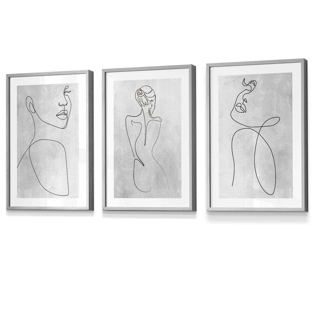 Abstrakte Linienkunst Frau Grau Wandkunst Set mit 3 gerahmten Drucken