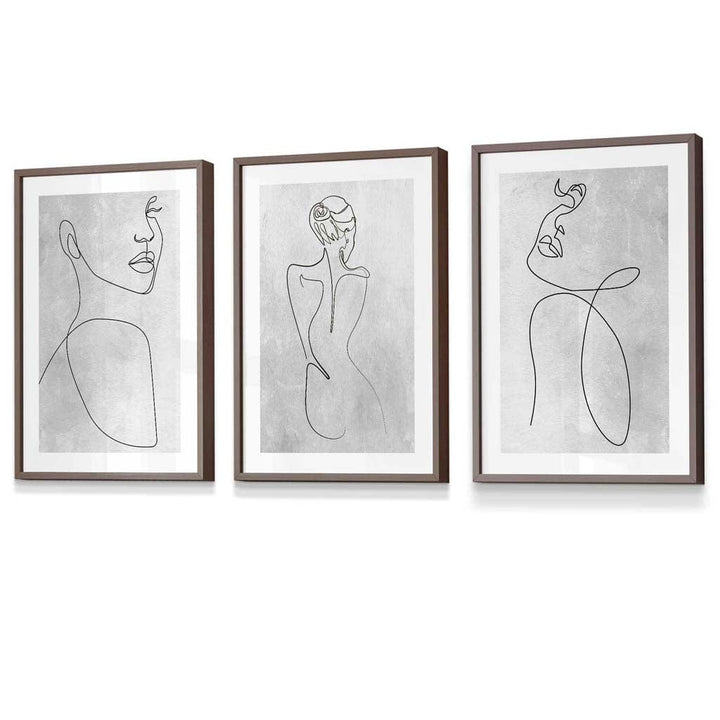 Abstrakte Linienkunst Frau Grau Wandkunst Set mit 3 gerahmten Drucken