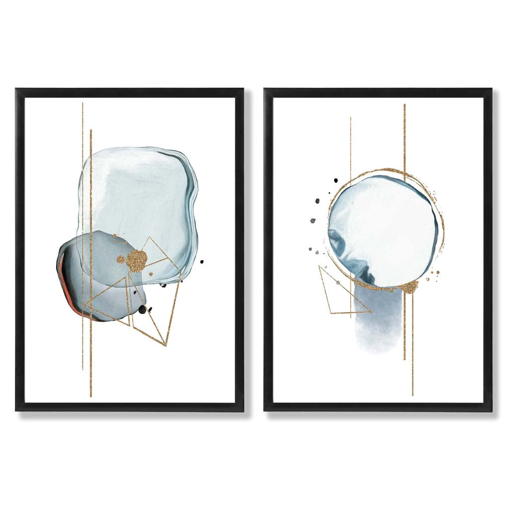 Aquablaue abstrakte Formen, gerahmtes 2er-Set Kunstdrucke