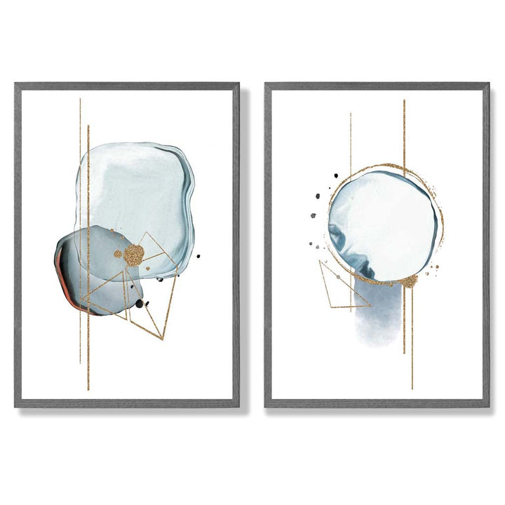 Aquablaue abstrakte Formen, gerahmtes 2er-Set Kunstdrucke