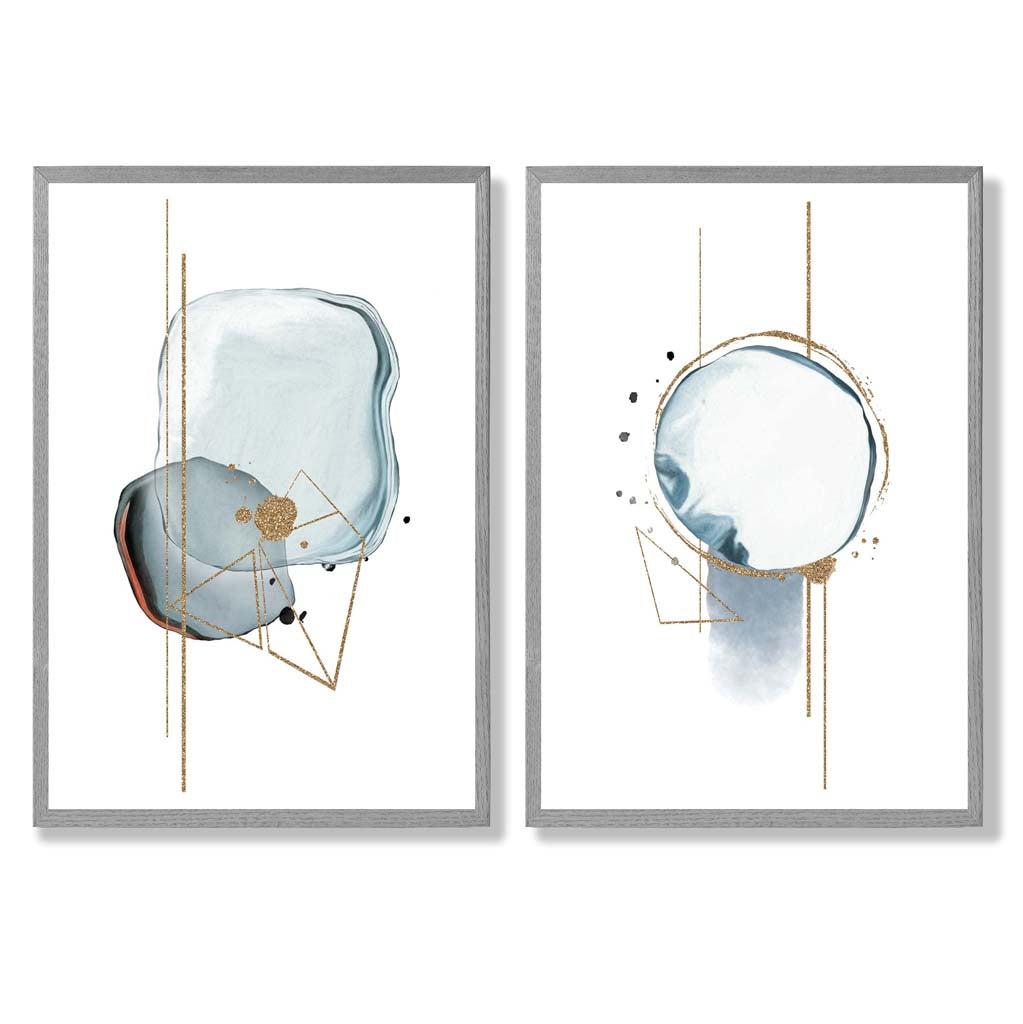 Aquablaue abstrakte Formen, gerahmtes 2er-Set Kunstdrucke