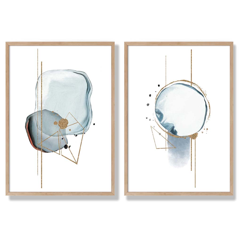 Aquablaue abstrakte Formen, gerahmtes 2er-Set Kunstdrucke