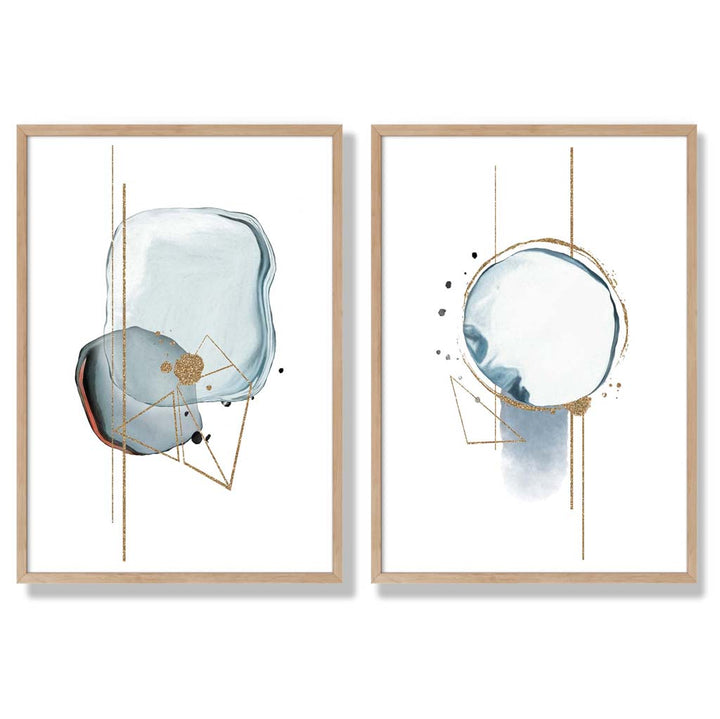 Aquablaue abstrakte Formen, gerahmtes 2er-Set Kunstdrucke