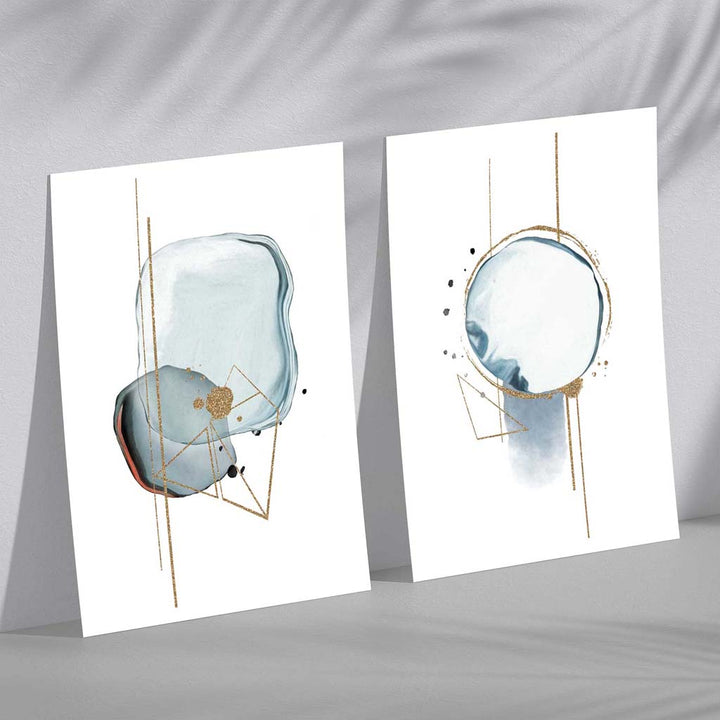 Aquablaue abstrakte Formen, gerahmtes 2er-Set Kunstdrucke