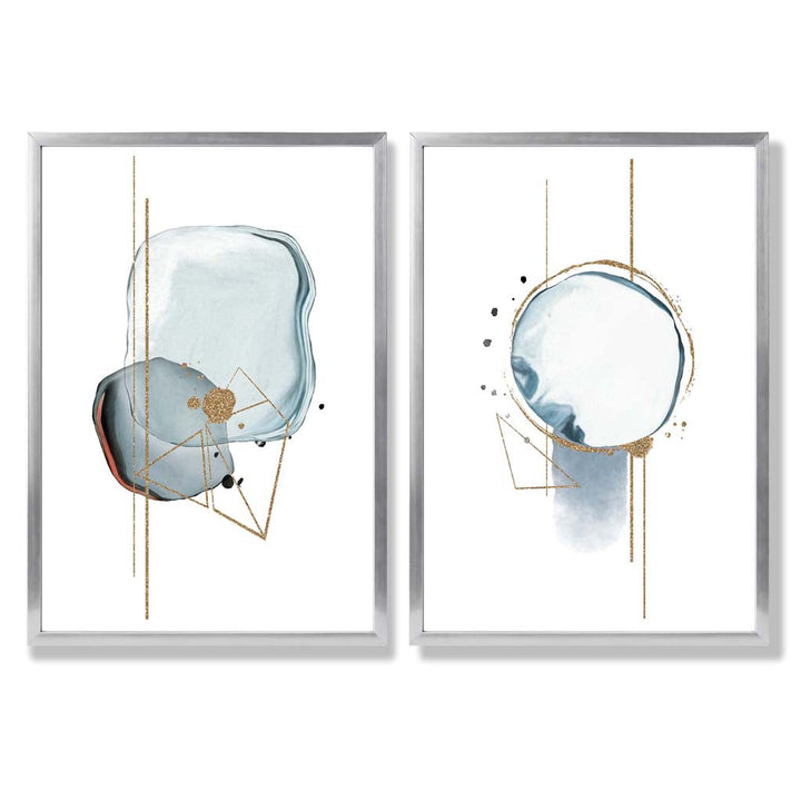 Aquablaue abstrakte Formen, gerahmtes 2er-Set Kunstdrucke