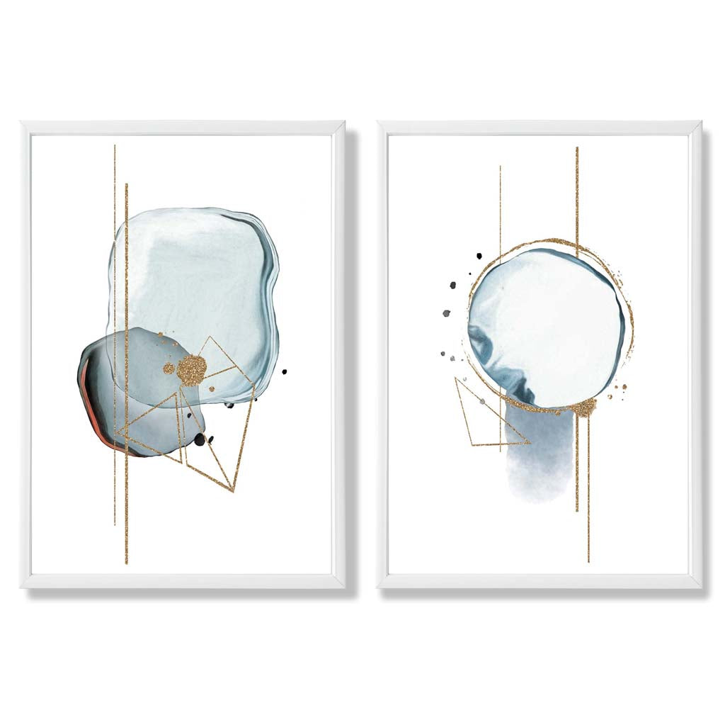 Aquablaue abstrakte Formen, gerahmtes 2er-Set Kunstdrucke