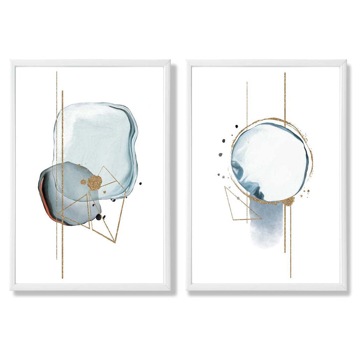 Aquablaue abstrakte Formen, gerahmtes 2er-Set Kunstdrucke
