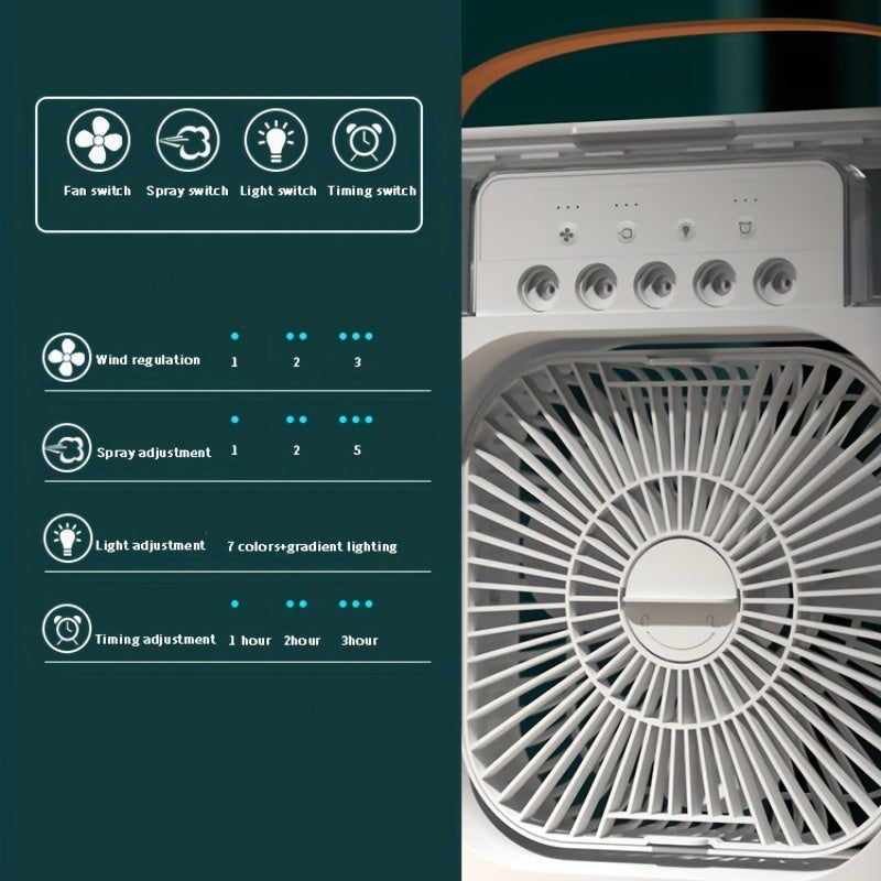1pc Tragbare Klimaanlage, Tragbarer Luftkühler für den Haushalt, Hydrokühlventilator, Tragbare Luftanpassung für das Büro, 3-Geschwindigkeits-Luftkühlventilator-Luftbefeuchter, 5 Stück befeuchtete Sprühköpfe für Haushaltsgeräte | Karnz