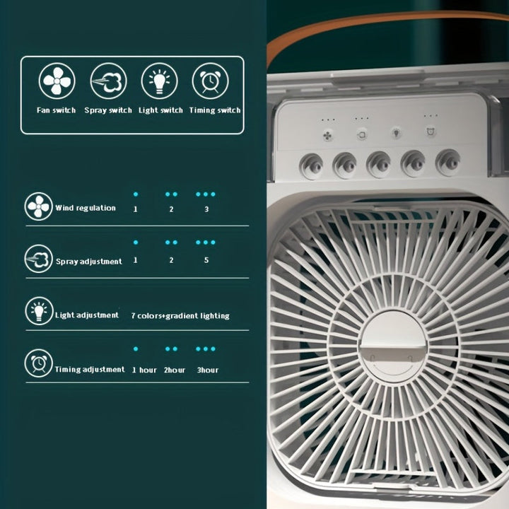 1pc Tragbare Klimaanlage, Tragbarer Luftkühler für den Haushalt, Hydrokühlventilator, Tragbare Luftanpassung für das Büro, 3-Geschwindigkeits-Luftkühlventilator-Luftbefeuchter, 5 Stück befeuchtete Sprühköpfe für Haushaltsgeräte | Karnz
