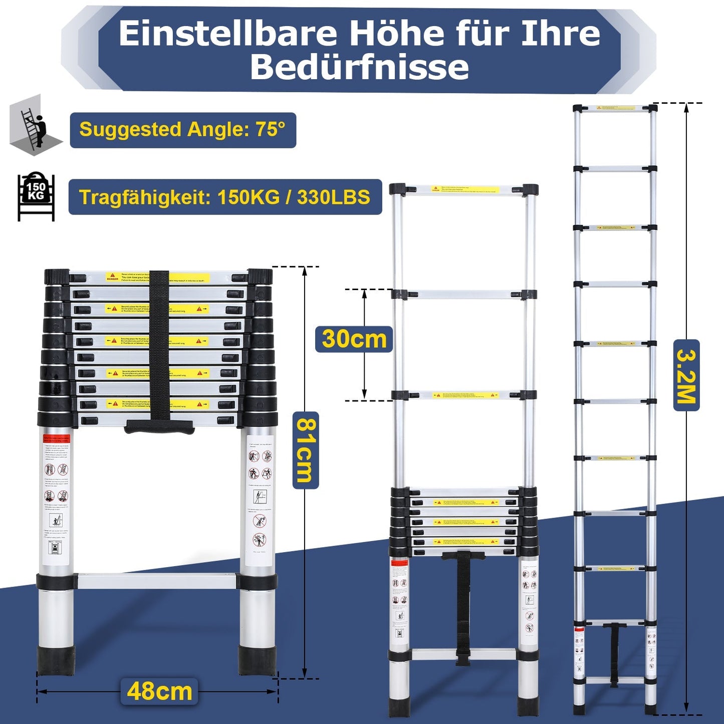 Teleskopleiter Aluminium Belastbarkeit bis zu 150kg 2.6m-5m | Karnz