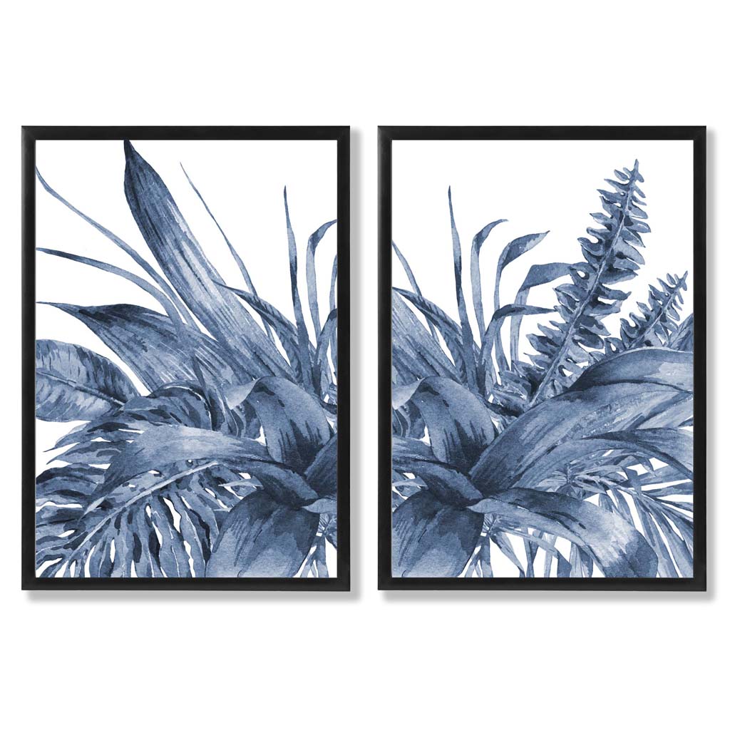 Set aus 2 gerahmten Aquarell-Kunstdrucken mit blauen tropischen Blättern