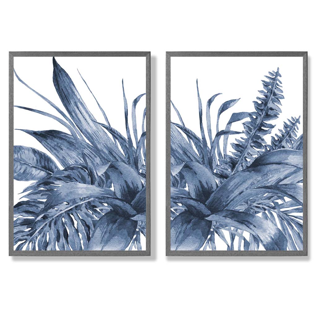 Set aus 2 gerahmten Aquarell-Kunstdrucken mit blauen tropischen Blättern