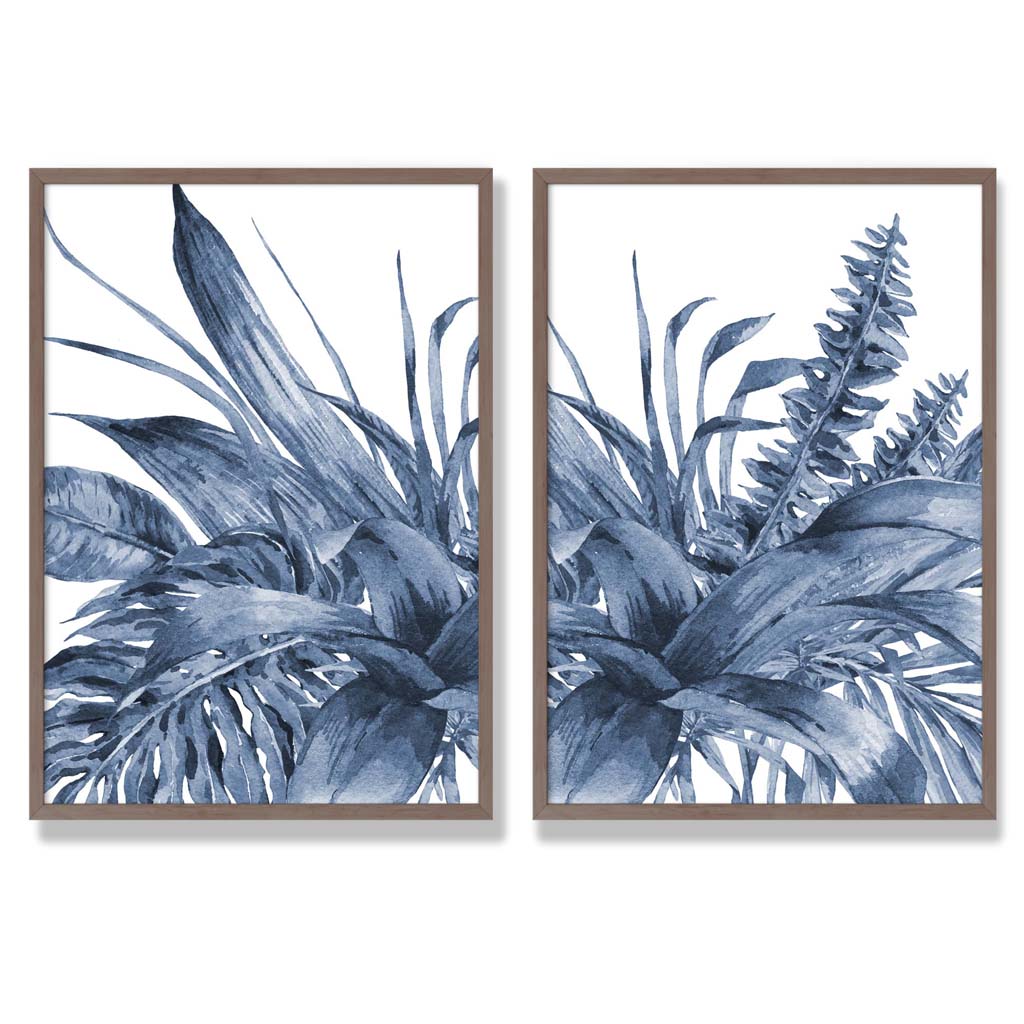 Set aus 2 gerahmten Aquarell-Kunstdrucken mit blauen tropischen Blättern