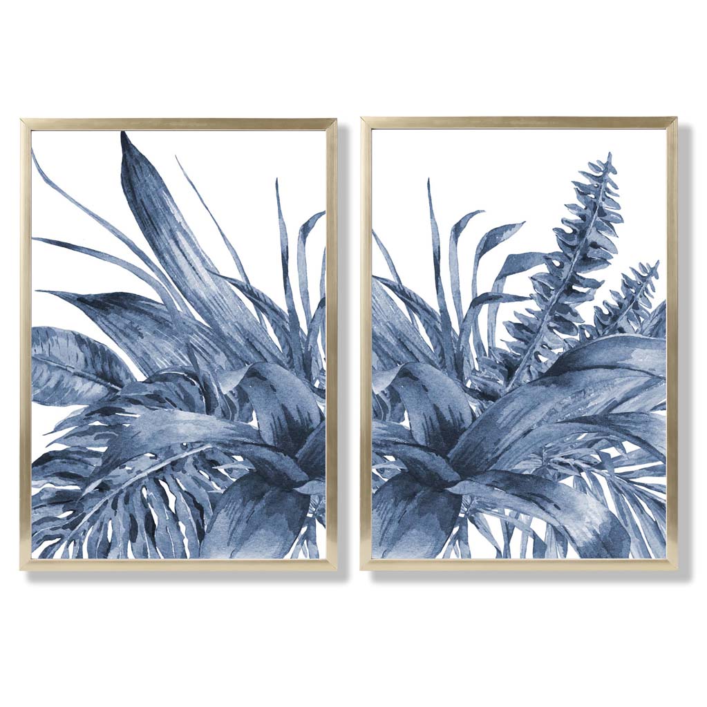 Set aus 2 gerahmten Aquarell-Kunstdrucken mit blauen tropischen Blättern