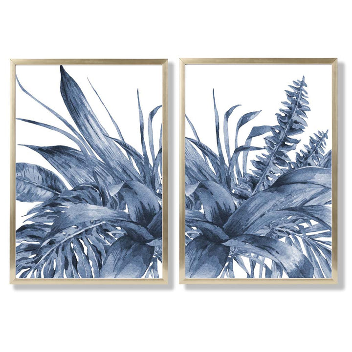 Set aus 2 gerahmten Aquarell-Kunstdrucken mit blauen tropischen Blättern
