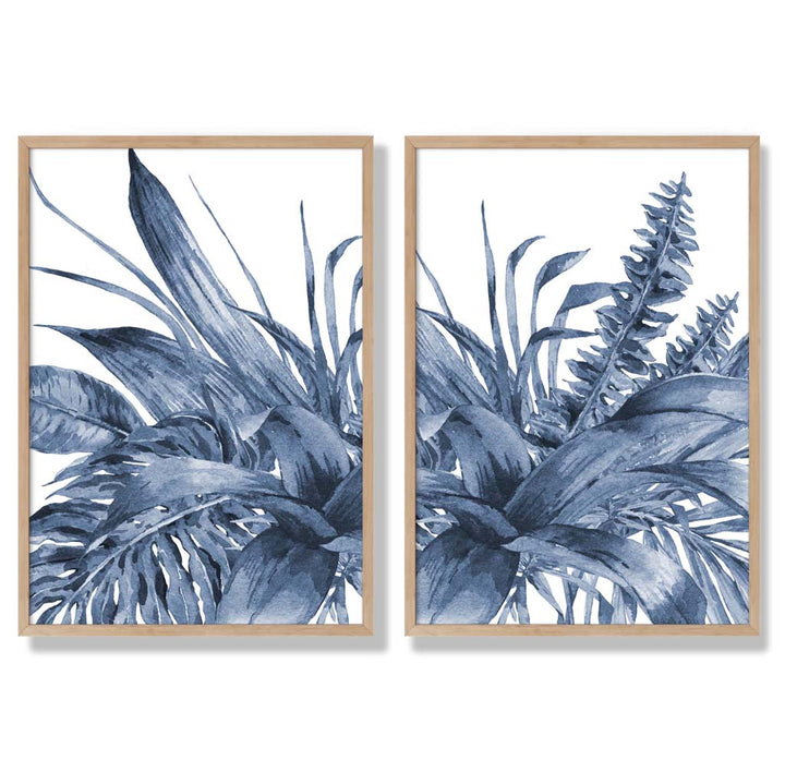 Set aus 2 gerahmten Aquarell-Kunstdrucken mit blauen tropischen Blättern