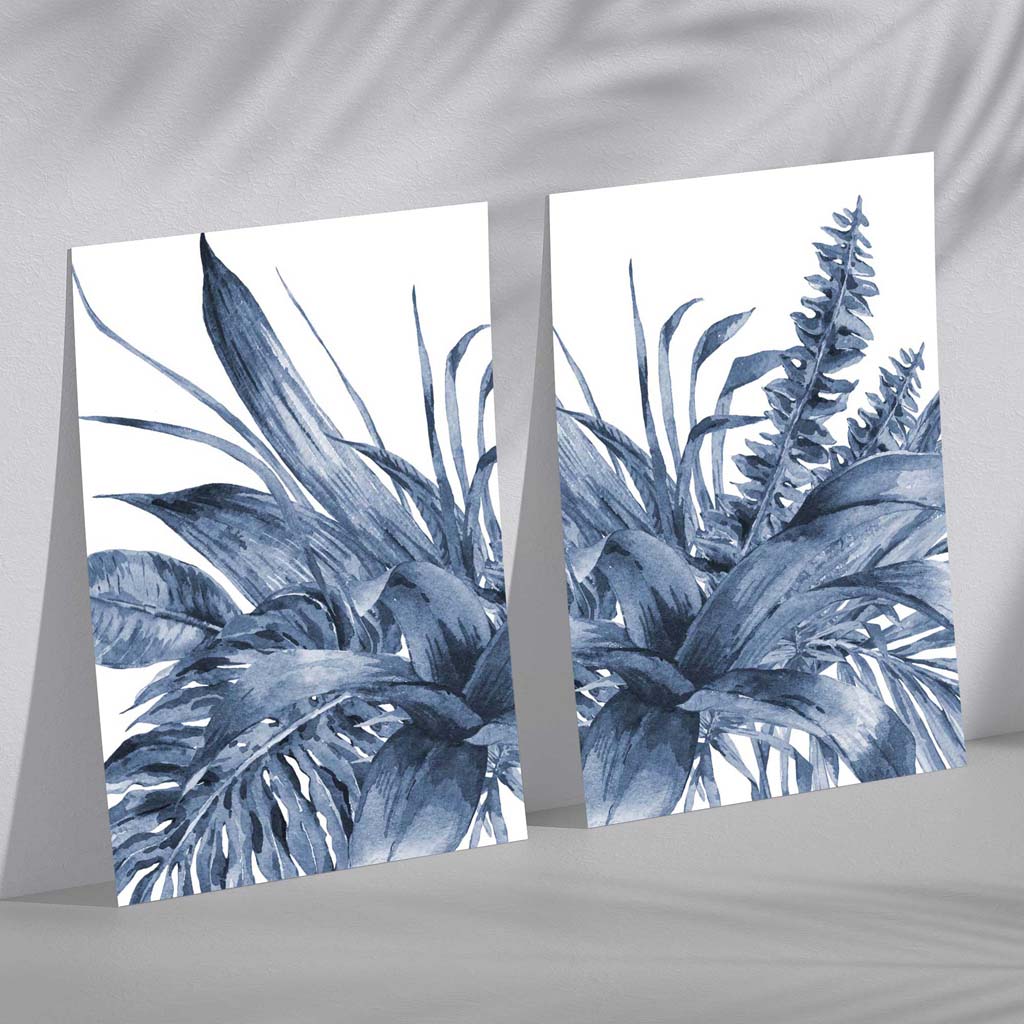 Set aus 2 Aquarell-Kunstdrucken mit blauem tropischem Blattmotiv