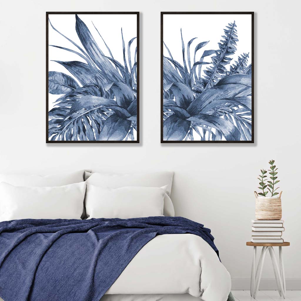Set aus 2 gerahmten Aquarell-Kunstdrucken mit blauen tropischen Blättern