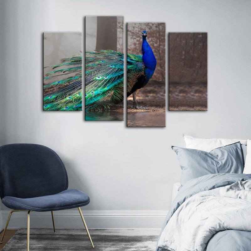 4-teiliges lebhaftes Pfau am Teich - Leinwand Wandkunst Gemälde