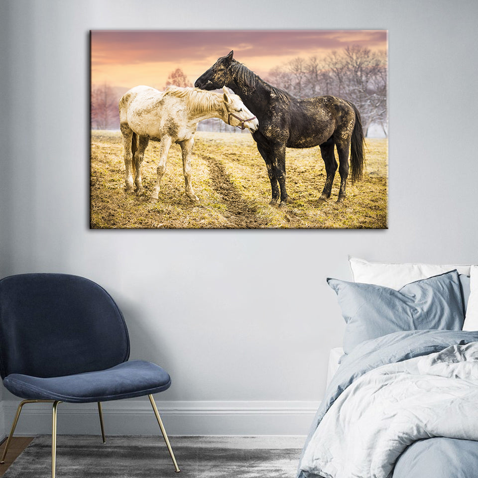 Schwarze & Weiße Pferde - Leinwand Wandkunst Gemälde