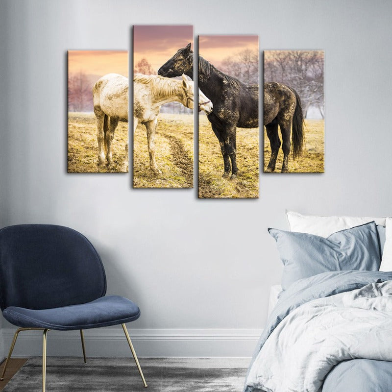 4-teilige Schwarz-Weiß-Pferde - Leinwand Wandkunst Gemälde | Karnz