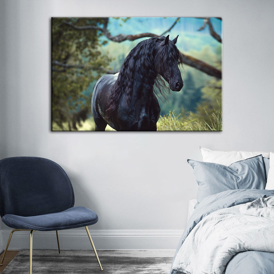 Schwarzes Pferd im Wald - Leinwand Wandkunst Gemälde