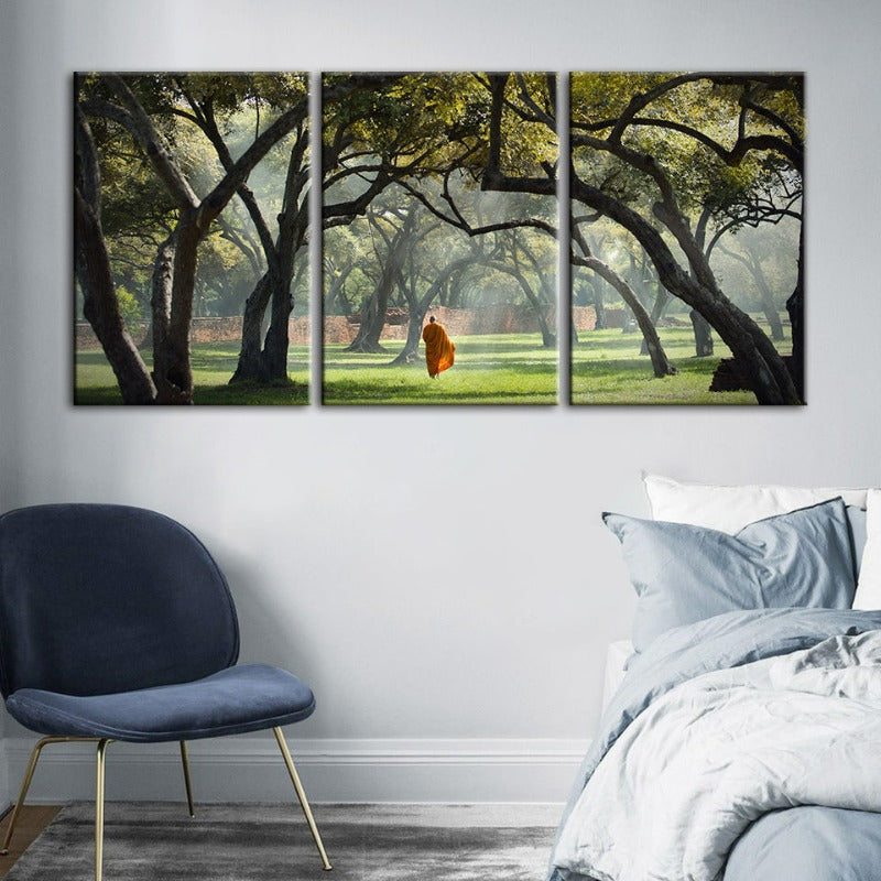 Friedlicher Mönch Gehen-Canvas Wandkunst Gemälde 3 Stücke