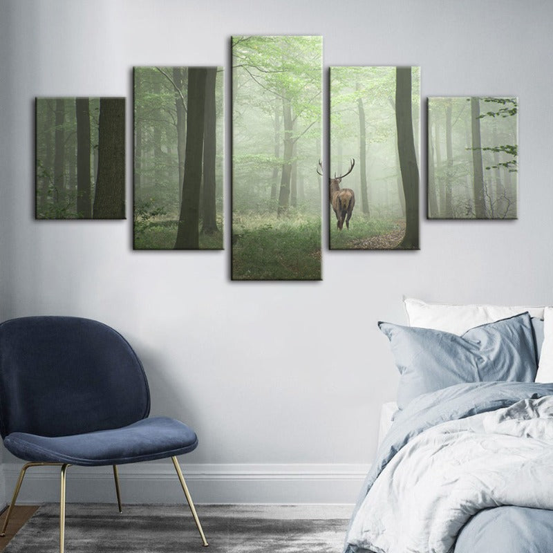 5 Stück Nebel Mystische Rehe Im Wald - Leinwand Wandkunst Gemälde