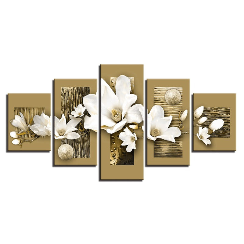 5-teiliges Leinwandbild mit weißem Blumenmuster und Holzhintergrund